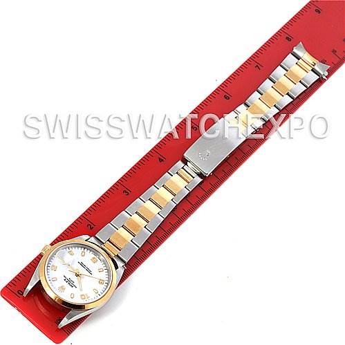 The image shows an overhead view of a Rolex Date 15203 Men's Steel and Gold (two tone) White Dial 15203 Men's Steel and Gold (two tone) White Dial model watch, including the watch face and entire bracelet, alongside a measuring ruler.