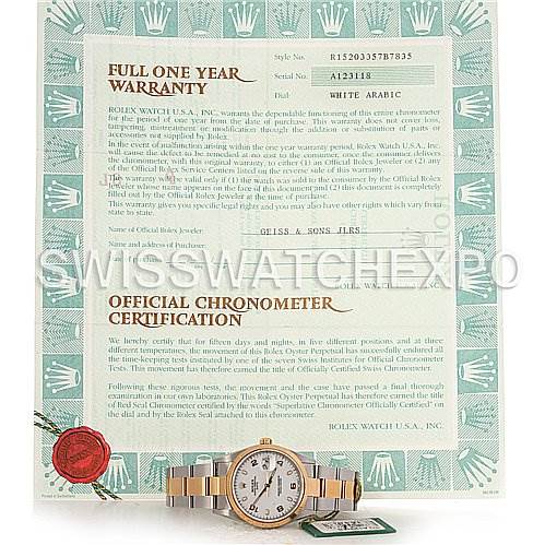 The image shows a Rolex Date 15203 Men's Steel and Gold (two tone) White Dial 15203 Men's Steel and Gold (two tone) White Dial model watch positioned flat, accompanied by warranty and certification documents.