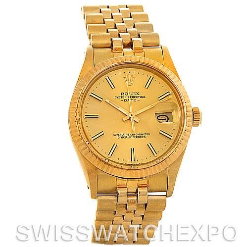 This image shows a frontal view of the Rolex Date 15037 Men's Yellow Gold Champagne Dial 15037 Men's Yellow Gold Champagne Dial model, highlighting its gold case, bracelet, dial, and date window.
