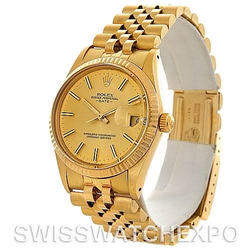 The image shows a Rolex Date 15037 Men's Yellow Gold Champagne Dial 15037 Men's Yellow Gold Champagne Dial model watch at a slight side angle, highlighting its dial, bezel, crown, and bracelet.