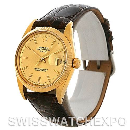 This image shows a Rolex Date 15037 Men's Yellow Gold Champagne Dial 15037 Men's Yellow Gold Champagne Dial model watch at a 3/4 angle, highlighting its gold case, brown leather strap, and date window.