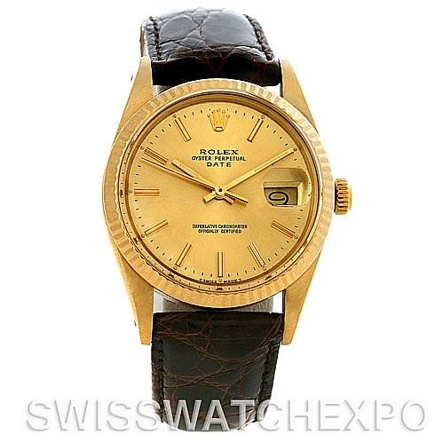 This image shows a front view of a Rolex Date 15037 Men's Yellow Gold Champagne Dial 15037 Men's Yellow Gold Champagne Dial model watch, highlighting its dial, hands, date window, case, and leather strap.