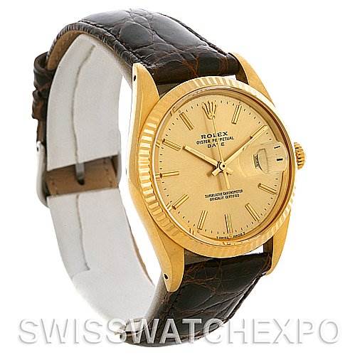 The image shows a Rolex Date 15037 Men's Yellow Gold Champagne Dial 15037 Men's Yellow Gold Champagne Dial model watch angled to display the dial, case, bezel, and leather strap.
