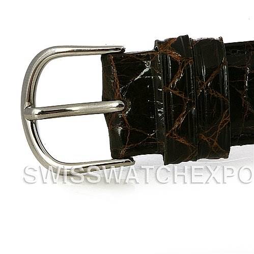 This image shows a close-up of the buckle and part of the leather strap of a Rolex Date 15037 Men's Yellow Gold Champagne Dial 15037 Men's Yellow Gold Champagne Dial model watch.