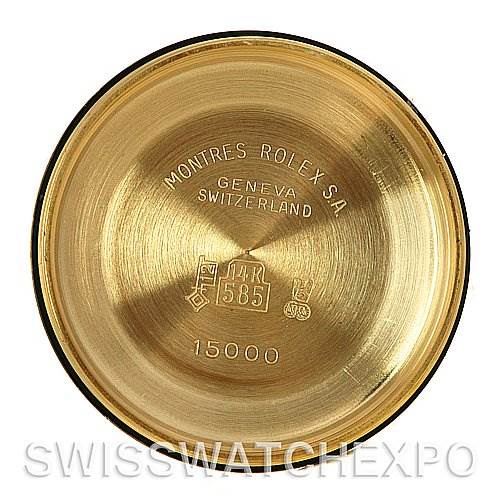 This is the inner side of the case back for a Rolex Date 15037 Men's Yellow Gold Champagne Dial 15037 Men's Yellow Gold Champagne Dial model watch, showing inscriptions and hallmarks.