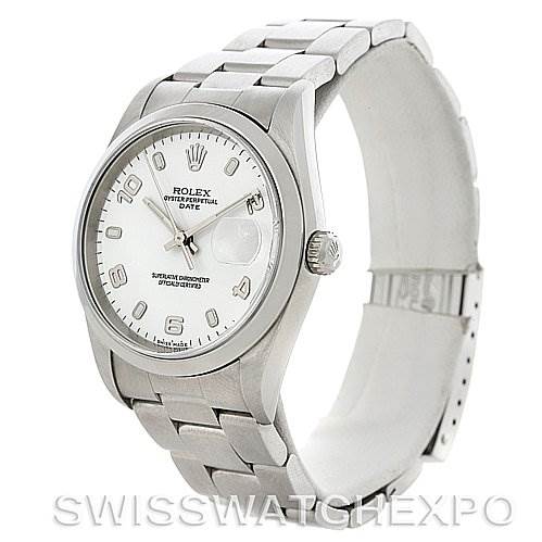 This image shows a side and front angle of a Rolex Date 15200 Men's Stainless Steel White Dial 15200 Men's Stainless Steel White Dial, highlighting its white dial, bracelet, and clasp.