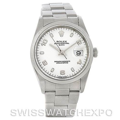 The image shows a front view of the Rolex Date 15200 Men's Stainless Steel White Dial 15200 Men's Stainless Steel White Dial model watch, displaying the dial, bezel, and bracelet.