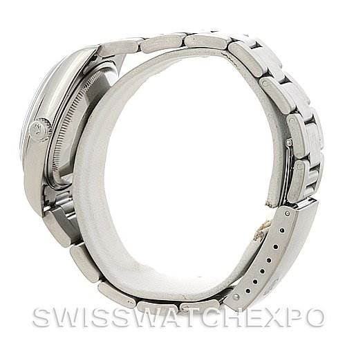 Side view of a Rolex Date 15200 Men's Stainless Steel White Dial 15200 Men's Stainless Steel White Dial model watch showing the bracelet and the side of the case.