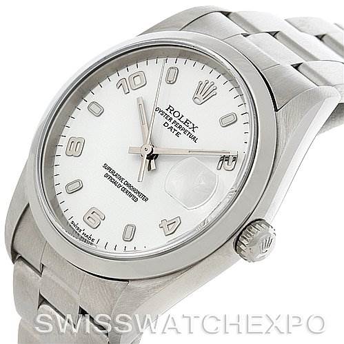 The image shows a Rolex Date 15200 Men's Stainless Steel White Dial 15200 Men's Stainless Steel White Dial model watch at a slightly angled view, highlighting the white dial and metallic bracelet.