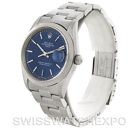 This image shows a Rolex Date 15200 Men's Stainless Steel Blue Dial 15200 Men's Stainless Steel Blue Dial model watch at a 3/4 angle, displaying the blue dial, bezel, crown, bracelet, and clasp.
