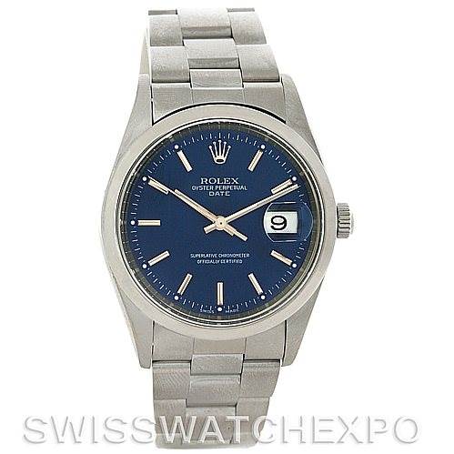 This image shows a front view of a Rolex Oyster Perpetual Date watch, highlighting the blue dial, date window, and stainless steel bracelet.