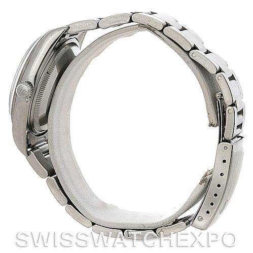 Side view of a Rolex Date 15200 Men's Stainless Steel Blue Dial 15200 Men's Stainless Steel Blue Dial model showing the case, crown, and metal bracelet.