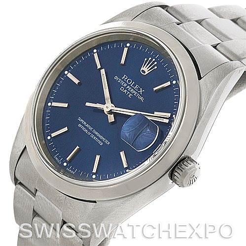 This image shows a close-up of the Rolex Date 15200 Men's Stainless Steel Blue Dial 15200 Men's Stainless Steel Blue Dial model watch, highlighting its dial, crown, and bracelet.
