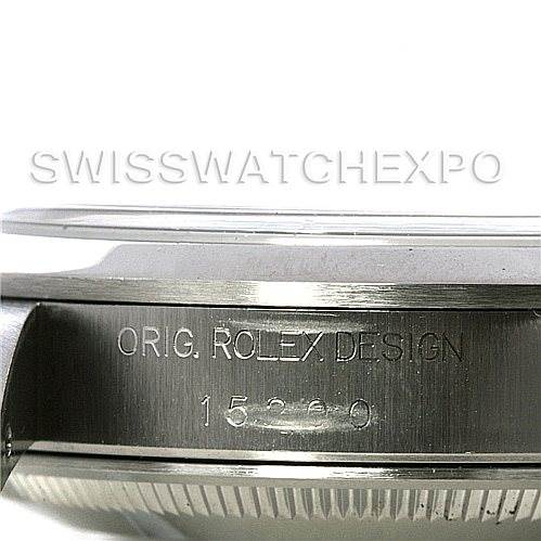 This image shows the side of the case of the Rolex Date 15200 Men's Stainless Steel Blue Dial 15200 Men's Stainless Steel Blue Dial model, highlighting the "ORIG. ROLEX DESIGN" engraving and model number.