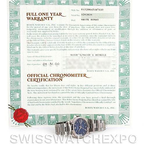 This image shows a Rolex Date 15200 Men's Stainless Steel Blue Dial 15200 Men's Stainless Steel Blue Dial model watch with warranty and chronometer certification documents.