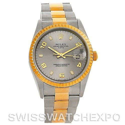 This image shows a frontal view of a Rolex Date 15223 Men's Steel and Gold (two tone) Grey Dial 15223 Men's Steel and Gold (two tone) Grey Dial watch, highlighting its two-tone bracelet, gray dial, and gold accents.