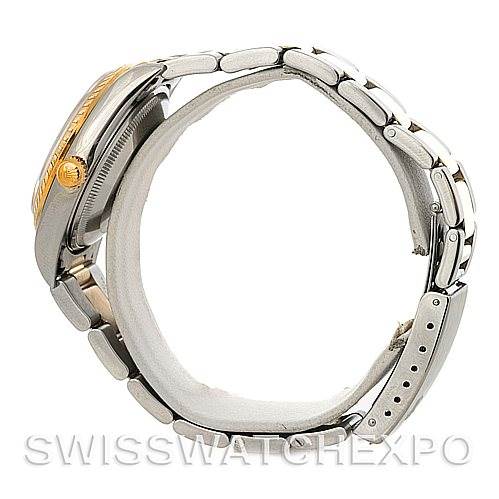 This image shows a side view of a Rolex Date 15223 Men's Steel and Gold (two tone) Grey Dial 15223 Men's Steel and Gold (two tone) Grey Dial model watch, highlighting the bracelet and the case with the crown.