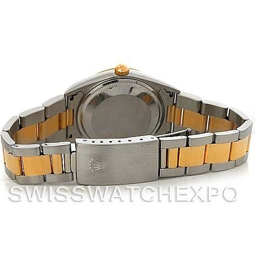 The Rolex Date 15223 Men's Steel and Gold (two tone) Grey Dial 15223 Men's Steel and Gold (two tone) Grey Dial model watch is shown from the back, highlighting the clasp and two-tone metal bracelet.