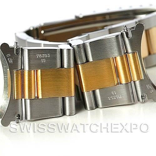 The image shows a close-up of the bracelet and clasp of a Rolex Date 15223 Men's Steel and Gold (two tone) Grey Dial 15223 Men's Steel and Gold (two tone) Grey Dial model, highlighting its bimetallic design.