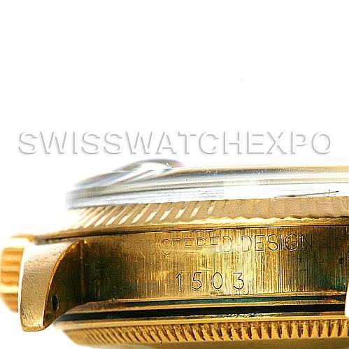 This close-up side view of a Rolex Date 1503 Men's Yellow Gold Black Dial 1503 Men's Yellow Gold Black Dial model showcases part of the gold case, the fluted bezel, and the lugs.