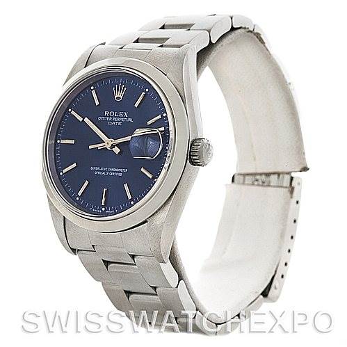 This image shows a Rolex Date 15200 Men's Stainless Steel Blue Dial 15200 Men's Stainless Steel Blue Dial model watch from a three-quarter angle, displaying the face, bezel, case, and part of the bracelet.