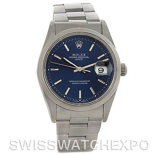 The image shows a front view of a Rolex Oyster Perpetual Date model, displaying the dial, bracelet, and date window.