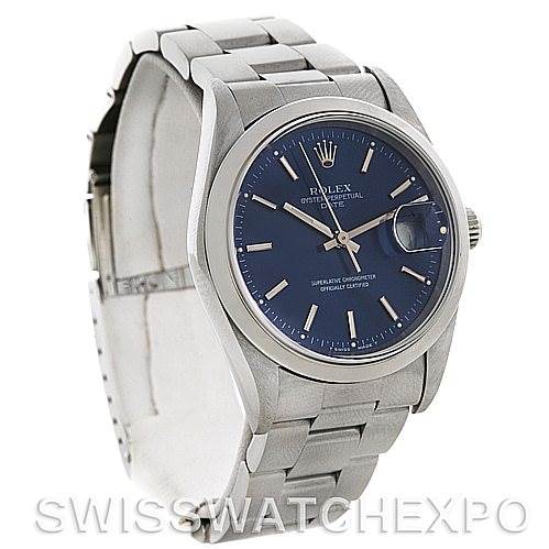 This image shows a Rolex Date 15200 Men's Stainless Steel Blue Dial 15200 Men's Stainless Steel Blue Dial model watch with a stainless steel bracelet and blue dial, angled to display its face and part of the band.