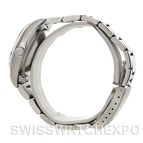 This side-angle view of a Rolex Date 15200 Men's Stainless Steel Blue Dial 15200 Men's Stainless Steel Blue Dial model watch shows the case, crown, and bracelet.