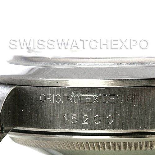 The image shows a side view of a Rolex Date 15200 Men's Stainless Steel Blue Dial 15200 Men's Stainless Steel Blue Dial model, focusing on its case serial number and original Rolex design engraving.