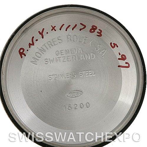 The image shows the inner case back of a Rolex Date 15200 Men's Stainless Steel Blue Dial 15200 Men's Stainless Steel Blue Dial model, indicating the brand, model number (15200), and material (stainless steel).