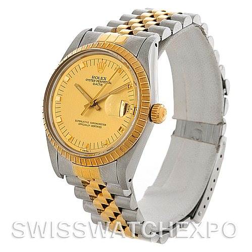 The image shows a side-angle view of a Rolex Date 15053 Men's Stainless Steel Champagne Dial 15053 Men's Stainless Steel Champagne Dial model watch, highlighting its dial, bezel, crown, and two-tone bracelet.