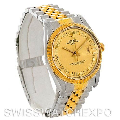 The image shows a Rolex Date 15053 Men's Stainless Steel Champagne Dial 15053 Men's Stainless Steel Champagne Dial model watch at a slight angle, highlighting its gold and silver two-tone bracelet and the gold dial and bezel.