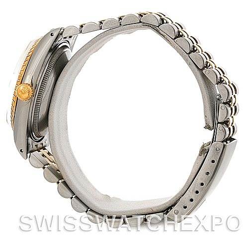 This image shows a side view of the Rolex Date 15053 Men's Stainless Steel Champagne Dial 15053 Men's Stainless Steel Champagne Dial model watch, featuring its crown, bezel, case, and bracelet.