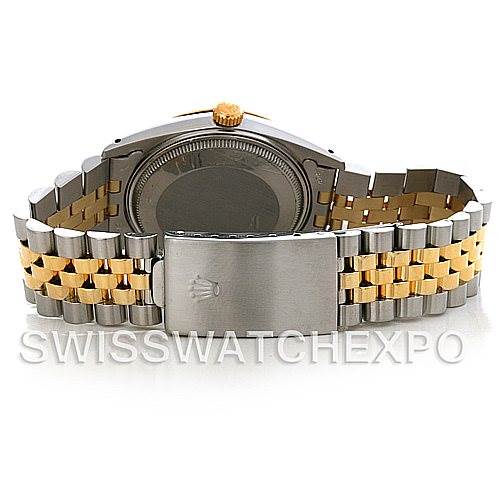 This image shows the back view of a Rolex Date 15053 Men's Stainless Steel Champagne Dial 15053 Men's Stainless Steel Champagne Dial model watch, highlighting its two-tone bracelet and clasp.