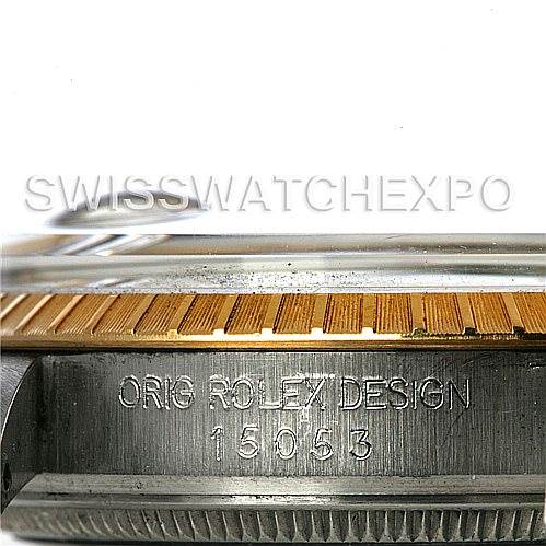 This image shows the side engraving of a Rolex Date 15053 Men's Stainless Steel Champagne Dial 15053 Men's Stainless Steel Champagne Dial model, featuring the words "ORIG ROLEX DESIGN" and the model number.