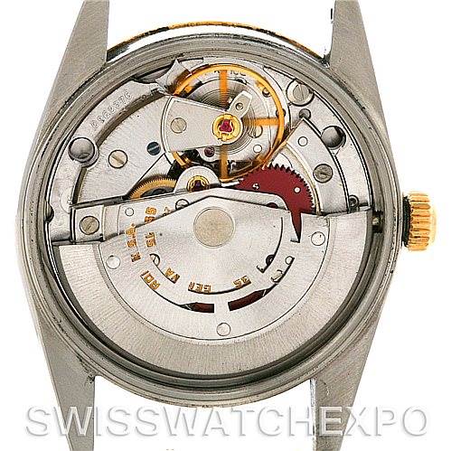 The image shows the interior mechanical movement of a Rolex Date 15053 Men's Stainless Steel Champagne Dial 15053 Men's Stainless Steel Champagne Dial model watch, viewed from the back.