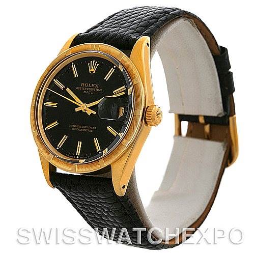 The Rolex Date 1503 Men
s Yellow Gold Black Dial 1503 Men
s Yellow Gold Black Dial model watch is shown at an angled side view, highlighting its gold case, black dial, and leather strap.