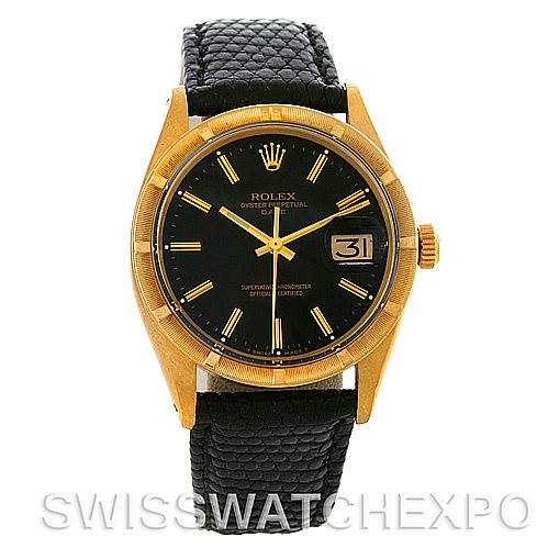 This image shows a Rolex Date 1503 Men
s Yellow Gold Black Dial 1503 Men
s Yellow Gold Black Dial model watch with a gold case, black dial, and black leather strap, viewed from the front.