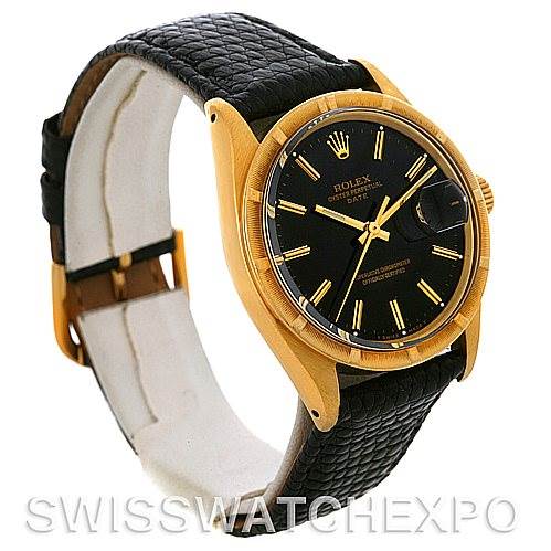 The image shows a Rolex Date 1503 Men
s Yellow Gold Black Dial 1503 Men
s Yellow Gold Black Dial model watch from a front-left angle, highlighting its black dial, gold case, and black leather strap.
