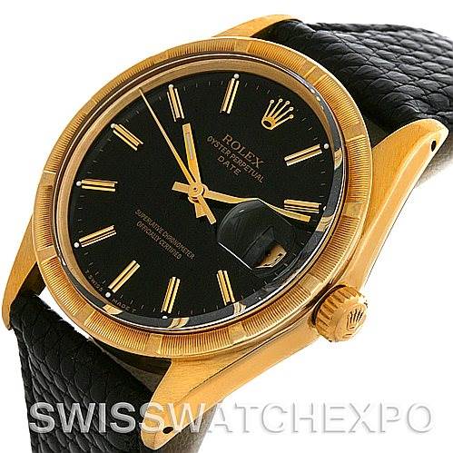 This image shows a close-up angled view of the Rolex Date 1503 Men
s Yellow Gold Black Dial 1503 Men
s Yellow Gold Black Dial model watch, highlighting the black dial, gold case, crown, and leather strap.