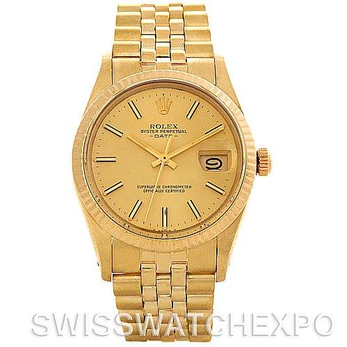 This image shows a frontal view of a Rolex Date 15037 Men's Yellow Gold Champagne Dial 15037 Men's Yellow Gold Champagne Dial model watch, displaying its gold case, dial, bracelet, and date window.
