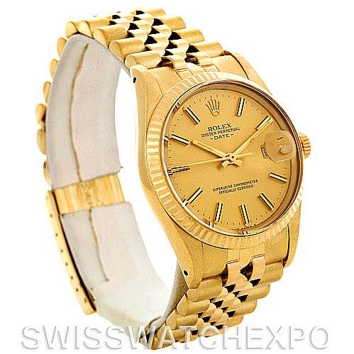 The image shows a Rolex Date 15037 Men's Yellow Gold Champagne Dial 15037 Men's Yellow Gold Champagne Dial model watch at a three-quarter angle, highlighting the gold bracelet, dial, bezel, and case.