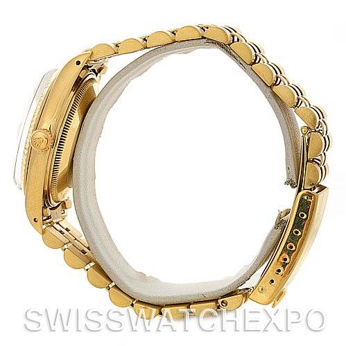 This image shows a side view of a Rolex Date 15037 Men's Yellow Gold Champagne Dial 15037 Men's Yellow Gold Champagne Dial model watch, focusing on the case, crown, and bracelet.