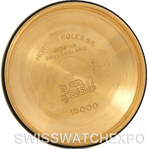 This image shows the inside case back of a Rolex Date 15037 Men's Yellow Gold Champagne Dial 15037 Men's Yellow Gold Champagne Dial model watch, marked with brand engravings.