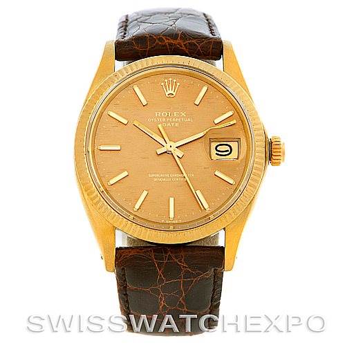 The image shows a front view of a Rolex Date 1503 Men's Yellow Gold Champagne Dial 1503 Men's Yellow Gold Champagne Dial model watch with a gold dial, date window, and a brown leather strap.