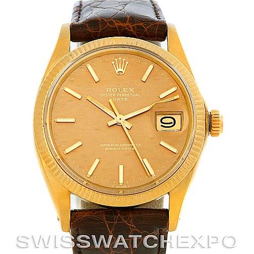 This image shows a front view of a Rolex Date 1503 Men's Yellow Gold Champagne Dial 1503 Men's Yellow Gold Champagne Dial model watch, highlighting its dial, hour markers, hands, date, and crown.