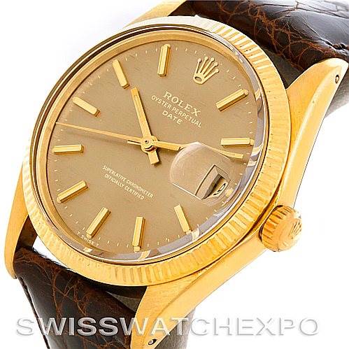 This image shows a Rolex Date 1503 Men's Yellow Gold Champagne Dial 1503 Men's Yellow Gold Champagne Dial model watch from a front angle, highlighting the dial, hands, bezel, crown, and part of the leather strap.