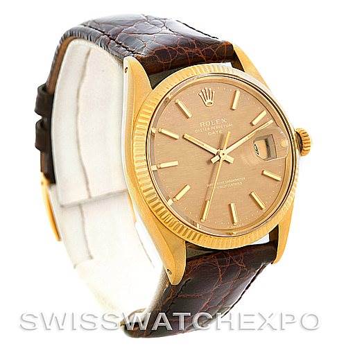 This image shows a Rolex Date 1503 Men's Yellow Gold Champagne Dial 1503 Men's Yellow Gold Champagne Dial model watch from a front-left angle, highlighting the dial, bezel, and leather strap.
