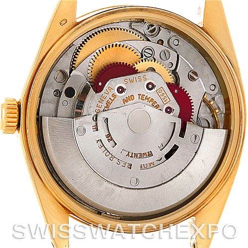 This image shows the back view of a Rolex Date 1503 Men's Yellow Gold Silver Dial 1503 Men's Yellow Gold Silver Dial model, revealing its internal mechanical movement and components.