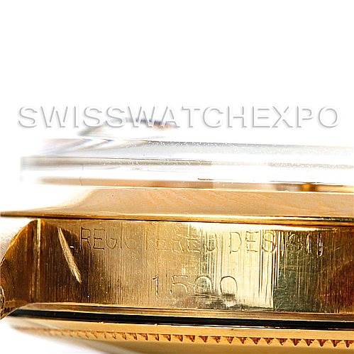 This image shows the side view of a Rolex Date 1503 Men's Yellow Gold Silver Dial 1503 Men's Yellow Gold Silver Dial model watch, focusing on the case and bezel.